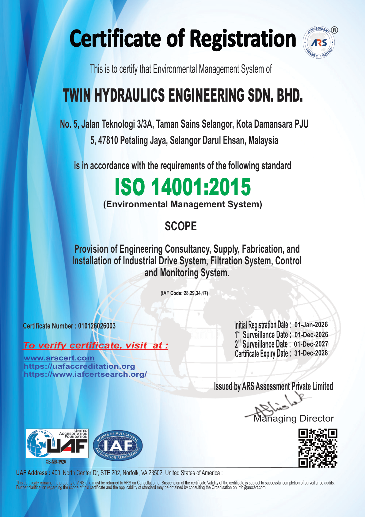 Twin Hydraulics ISO 14001 certificate