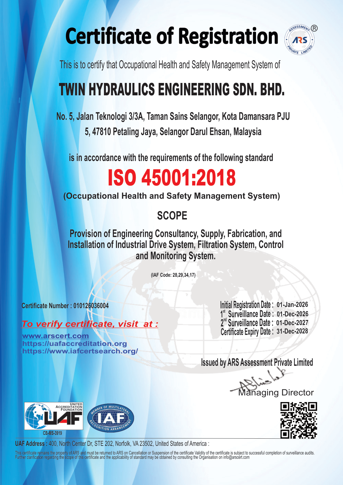 Twin Hydraulics ISO 45001 certificate