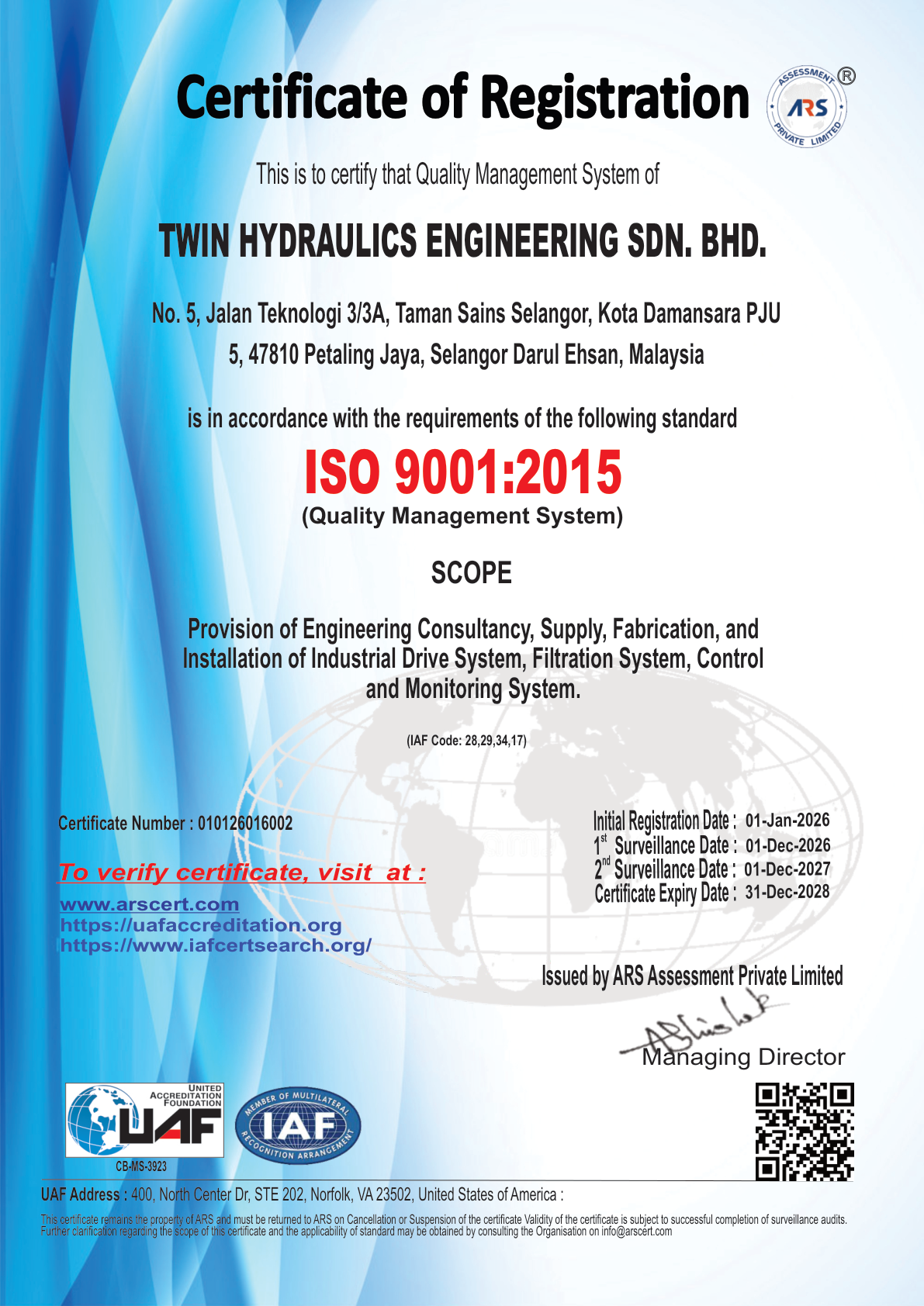 Twin Hydraulics ISO 9001 certificate