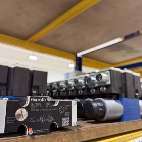 Row of Bosch Rexroth 3DREPE6C three-way proportional pressure reducing valves with integrated electronics in stock at Twin Hydraulics Engineering, Malaysia
