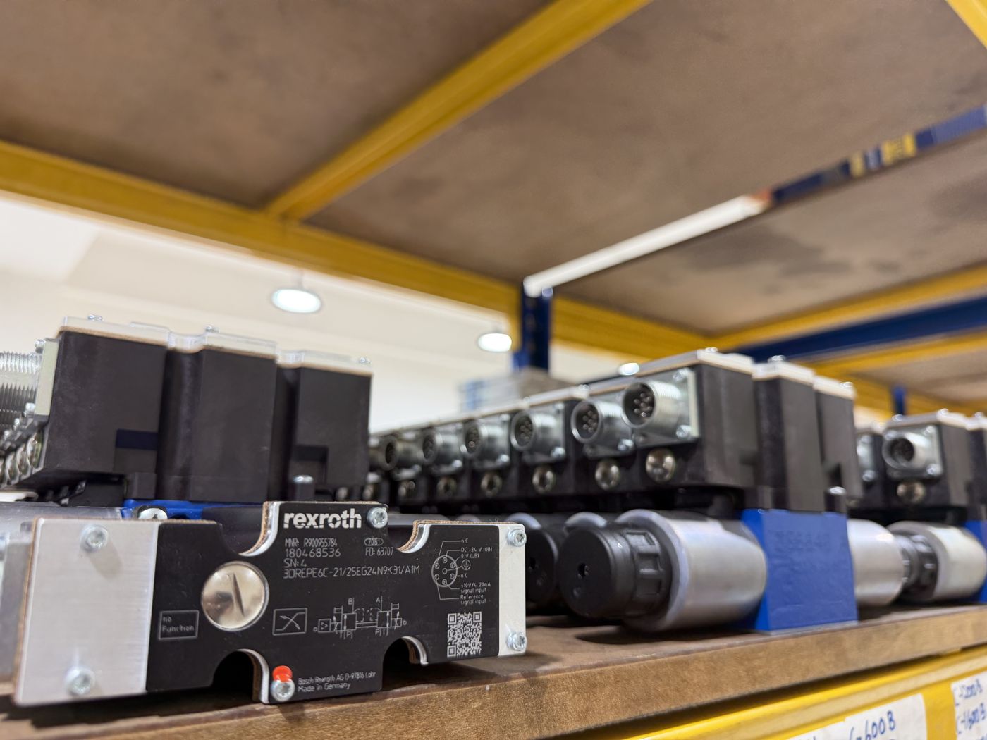 Row of Bosch Rexroth 3DREPE6C three-way proportional pressure reducing valves with integrated electronics in stock at Twin Hydraulics Engineering, Malaysia