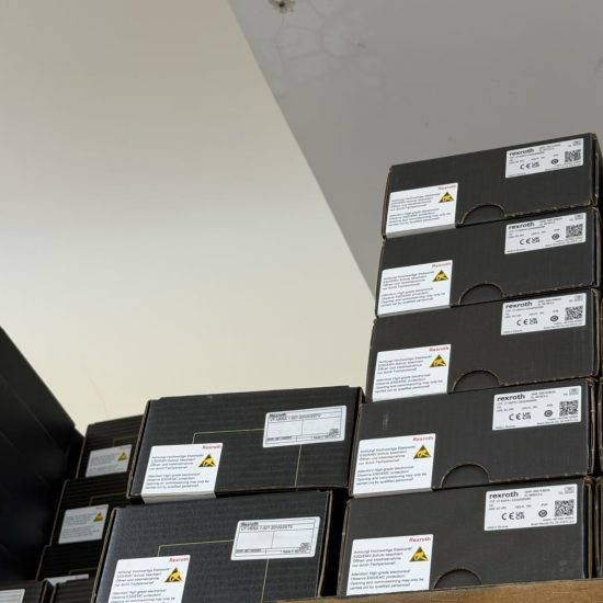 Stacked boxes of Bosch Rexroth VT-MSPA1 proportional valve amplifier cards and VT-VRRA command value modules in stock at Twin Hydraulics Engineering, Shah Alam, Malaysia