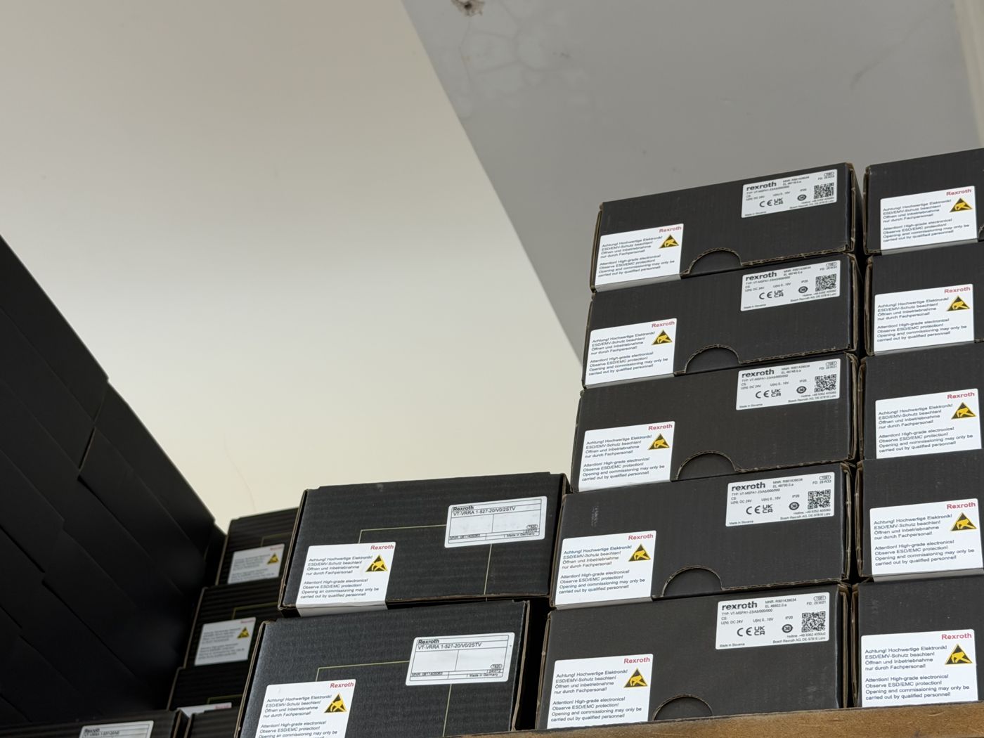Stacked boxes of Bosch Rexroth VT-MSPA1 proportional valve amplifier cards and VT-VRRA command value modules in stock at Twin Hydraulics Engineering, Shah Alam, Malaysia